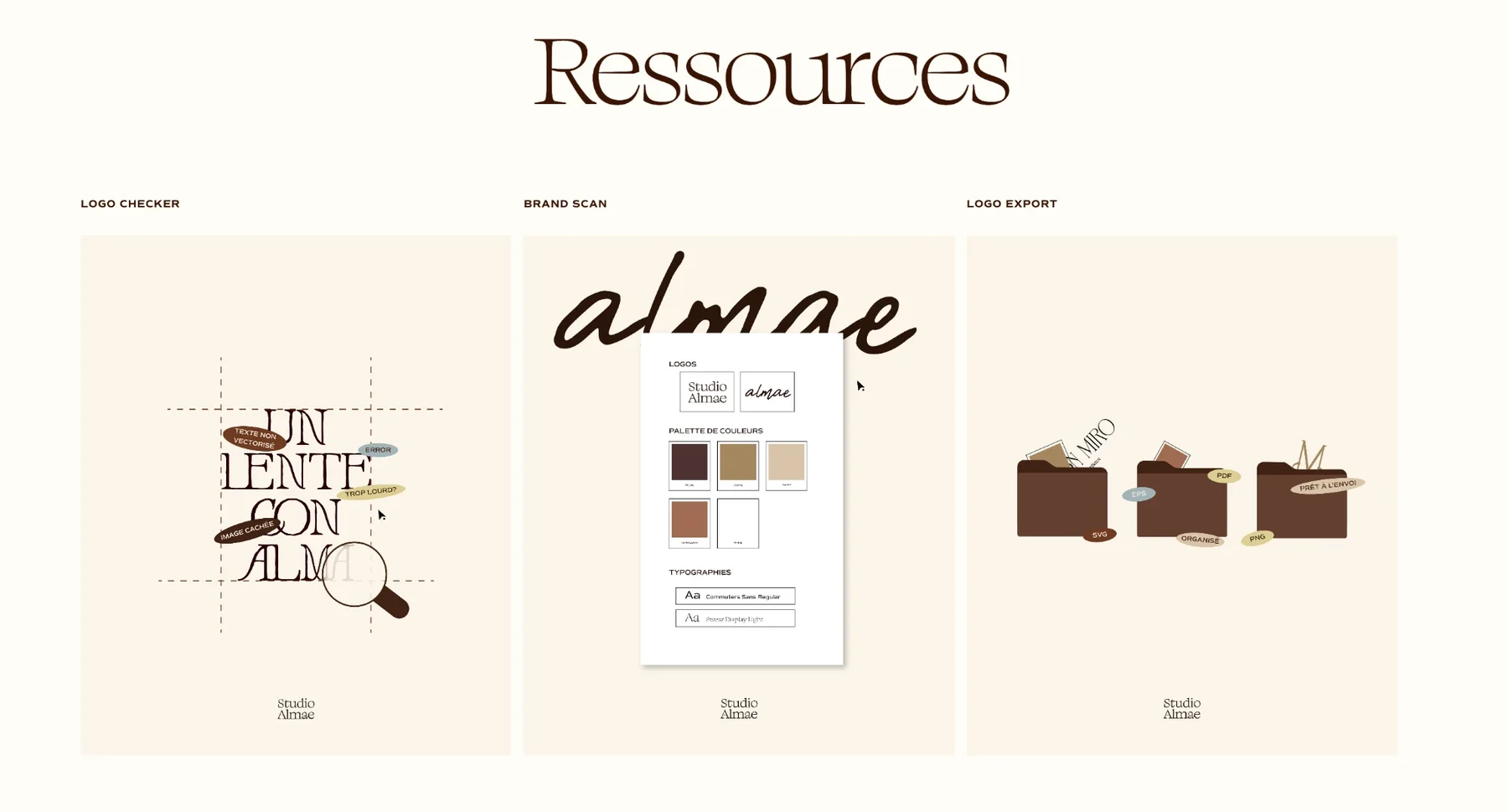 Ressourcen-Seite von Studio Almae mit drei kostenlosen Werkzeugen: Logo Checker, Brand Scan, Logo Export