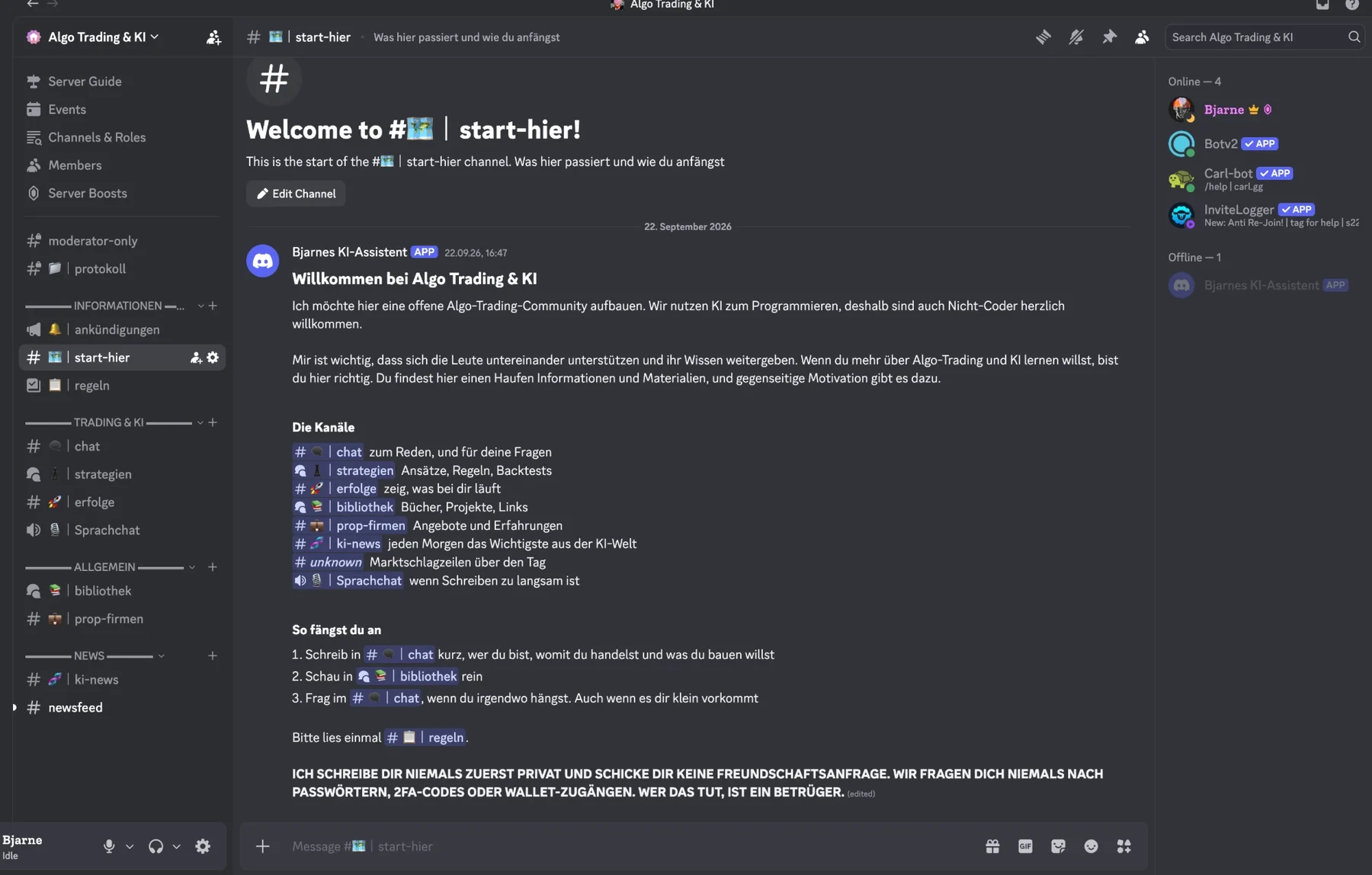 Discord-Server Algo Trading & KI, Kanal start-hier mit der Begrüßung und den Kanälen chat, strategien, erfolge, bibliothek, prop-firmen, ki-news und Sprachchat