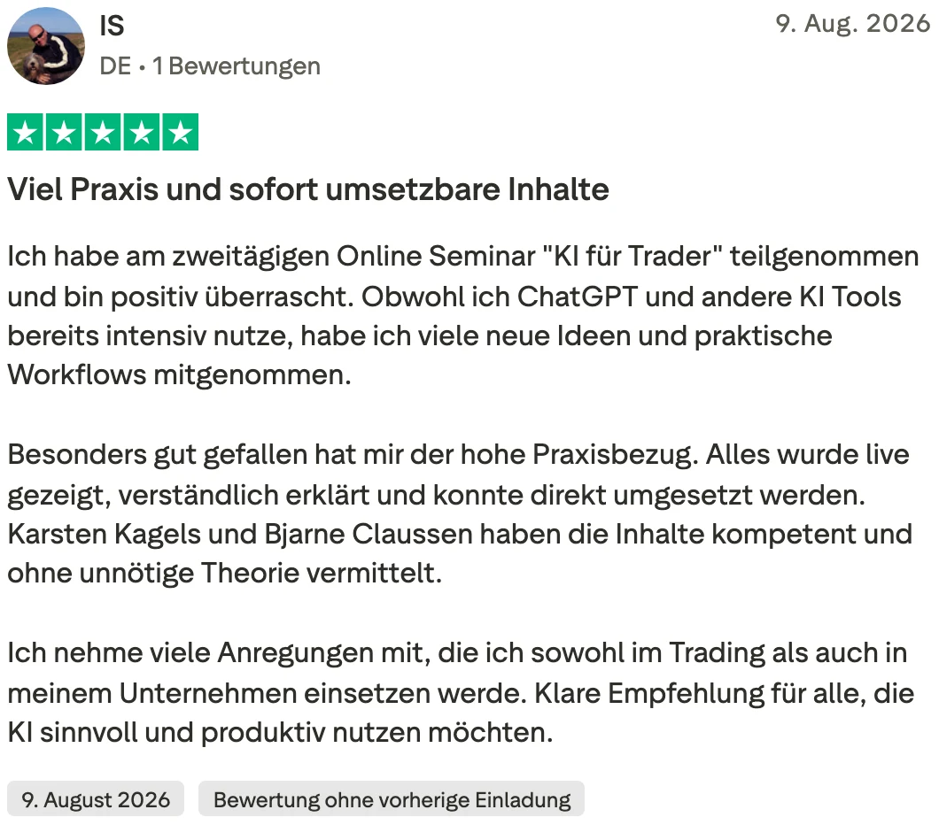 Trustpilot-Bewertung von IS, fünf Sterne: Viel Praxis und sofort umsetzbare Inhalte. Karsten Kagels und Bjarne Claussen haben die Inhalte kompetent und ohne unnötige Theorie vermittelt.